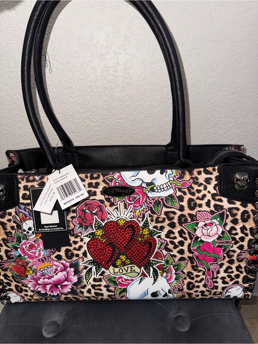 Ed Hardy Leopard Print Tote with Floral, Skull & Heart Appliqués - Black Trim
